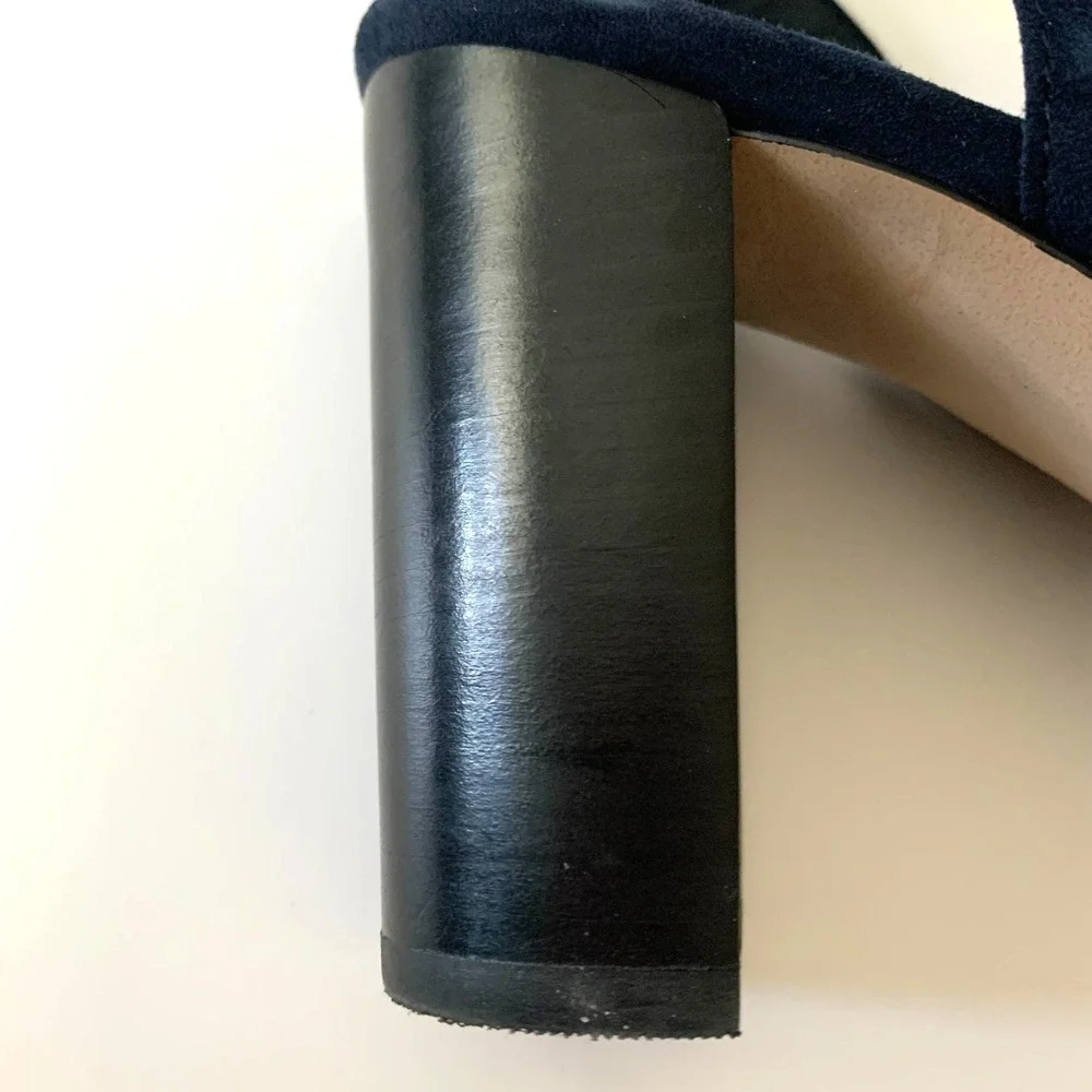 Ann Taylor Suede Leather Strappy Block Heel Sling Back Sandals 6 6.5 Navy Blue